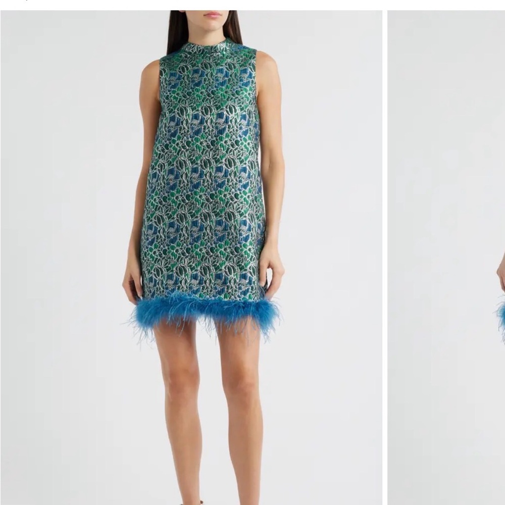 Lucy Paris Green & Blue Feather-Trim Mini Dress